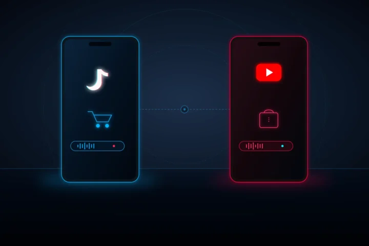 Monitores verticais estilo smartphone exibindo logos do TikTok e YouTube Shorts com avatares de IA e cestas de compras em neon