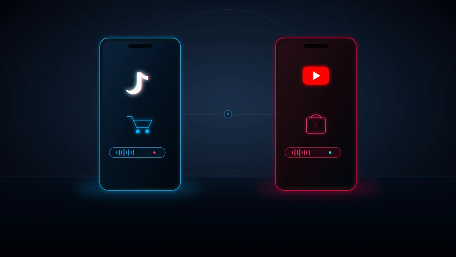 Vertical smartphone displays showing TikTok and YouTube Shorts logos with AI avatars and 3D shopping carts