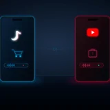 Vertical smartphone displays showing TikTok and YouTube Shorts logos with AI avatars and 3D shopping carts
