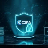 Holographic C2PA provenance crest flanked by neon US and European Union flags