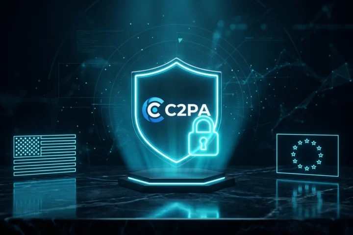 Holographic C2PA provenance crest flanked by neon US and European Union flags