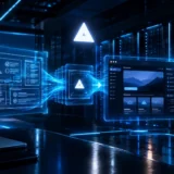 Interface da Vercel com geração de código v0 e nós de infraestrutura cloud em data center moderno