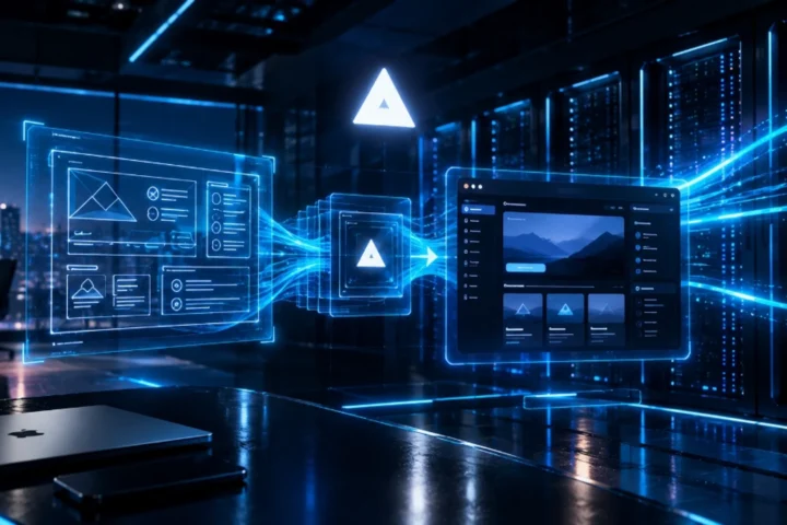 Interface da Vercel com geração de código v0 e nós de infraestrutura cloud em data center moderno