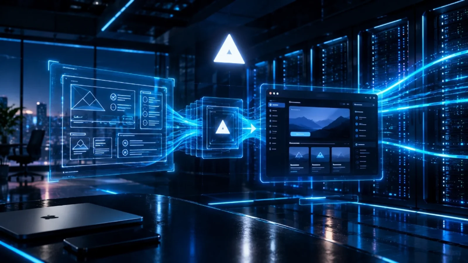 Vercel v0 code generation interface and micro-SaaS cloud infrastructure in modern datacenter