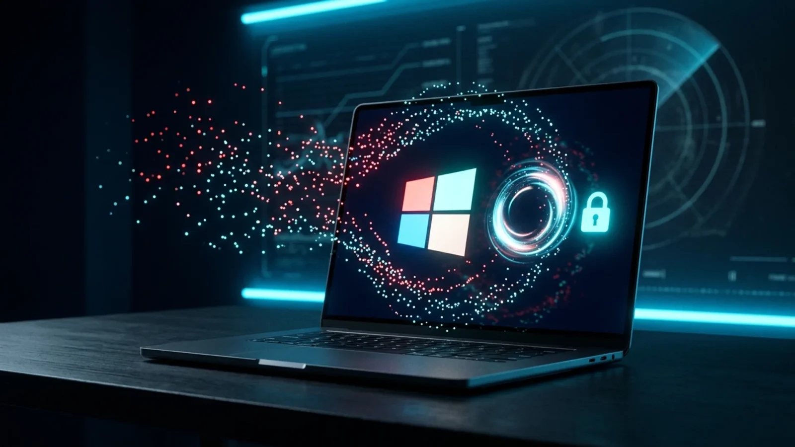 Tela de PC com Windows aplicando atualização de segurança, cadeado ciano e código ao fundo