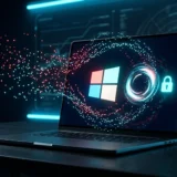 Tela de PC com Windows aplicando atualização de segurança, cadeado ciano e código ao fundo