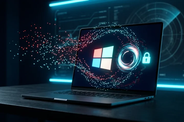 Tela de PC com Windows aplicando atualização de segurança, cadeado ciano e código ao fundo