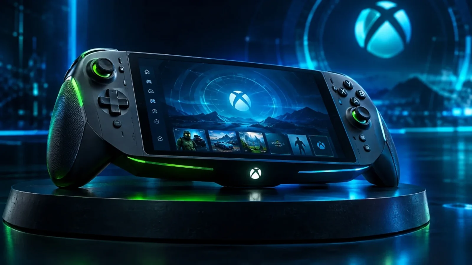 Microsoft Xbox handheld console Project Edinburgh with vibrant OLED screen and glowing green Xbox logo