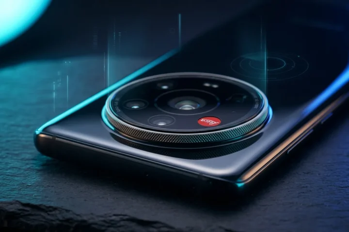 Módulo circular de câmeras do Xiaomi 18 Ultra com logo vermelho Leica e anel de titânio