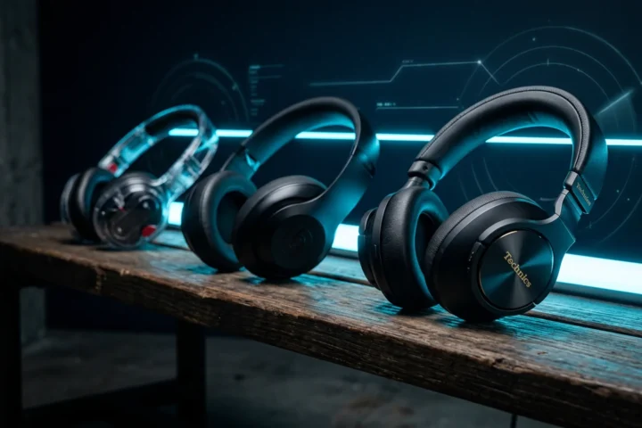 Three over-ear headphones lined up on a dark bench with cyan side lighting tracing their outlines