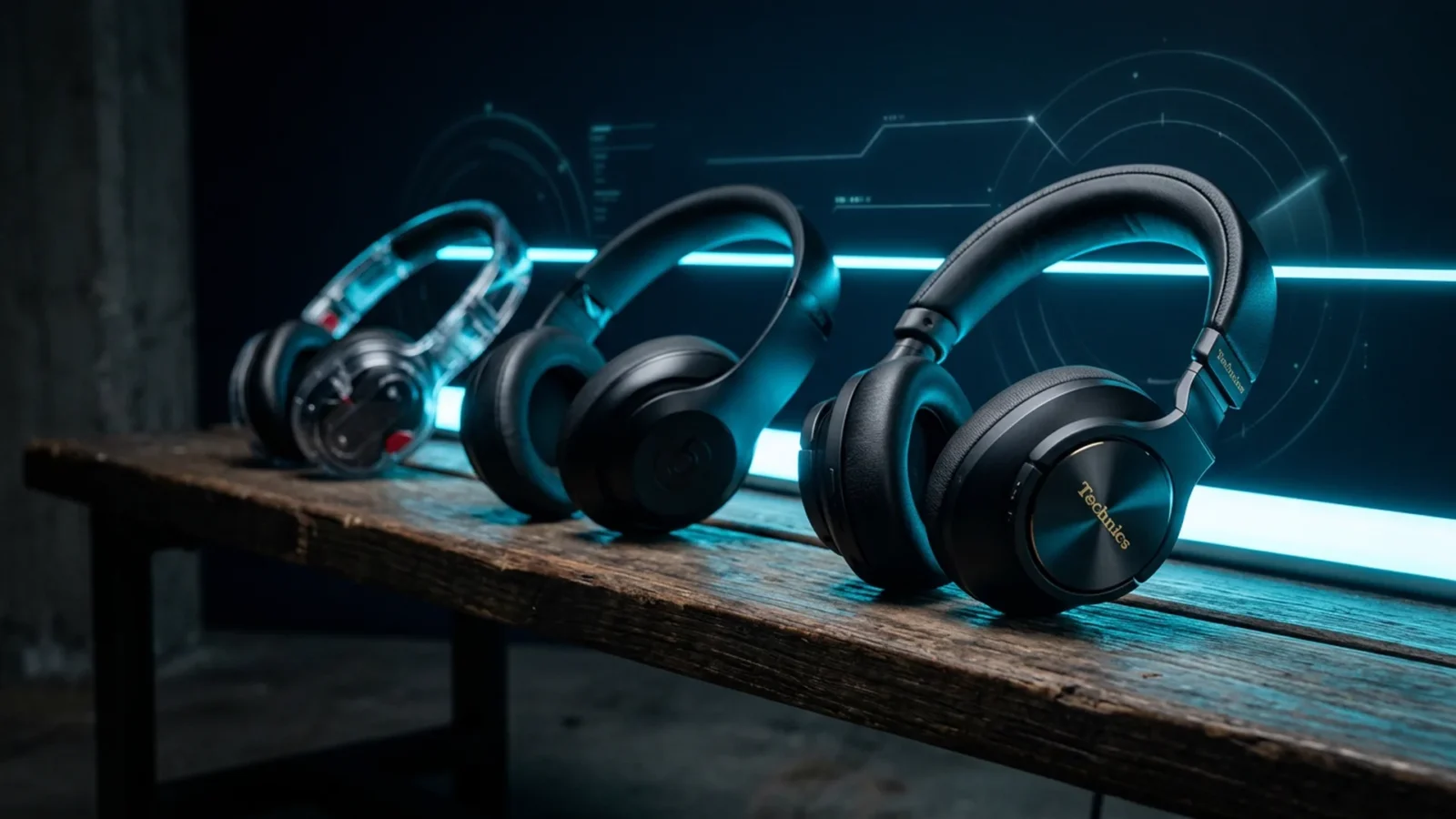 Três fones de ouvido over-ear alinhados em bancada escura com iluminação ciana lateral marcando o contorno