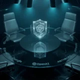 Holographic boardroom table with three AI cores and a certification seal in cyan light on a dark background