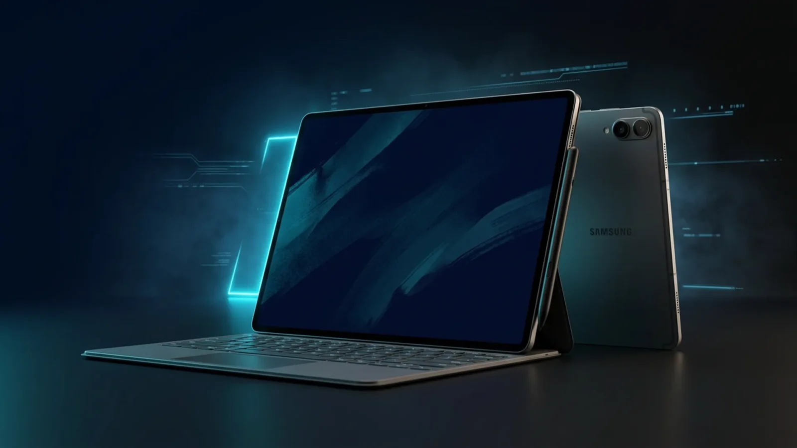 Galaxy Tab S12 Ultra com S Pen sobre mesa escura, tela AMOLED acesa com reflexo ciano