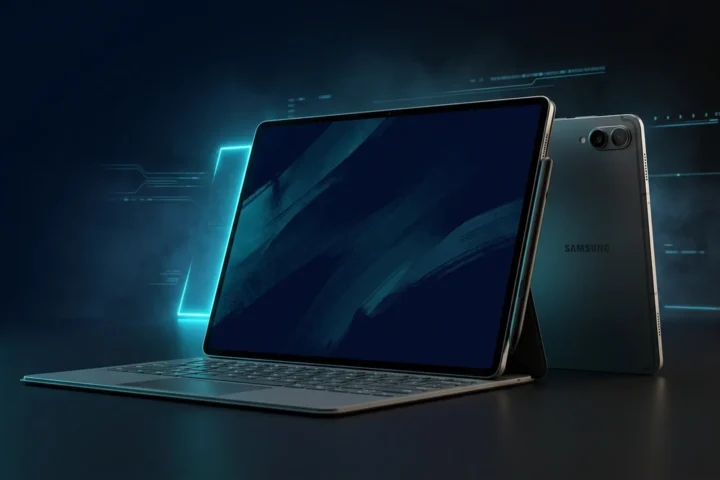 Galaxy Tab S12 Ultra with S Pen on a dark desk, AMOLED screen lit with cyan reflection