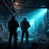 Heavily armored soldier in a dark industrial corridor with sparks and cyan light from the far end