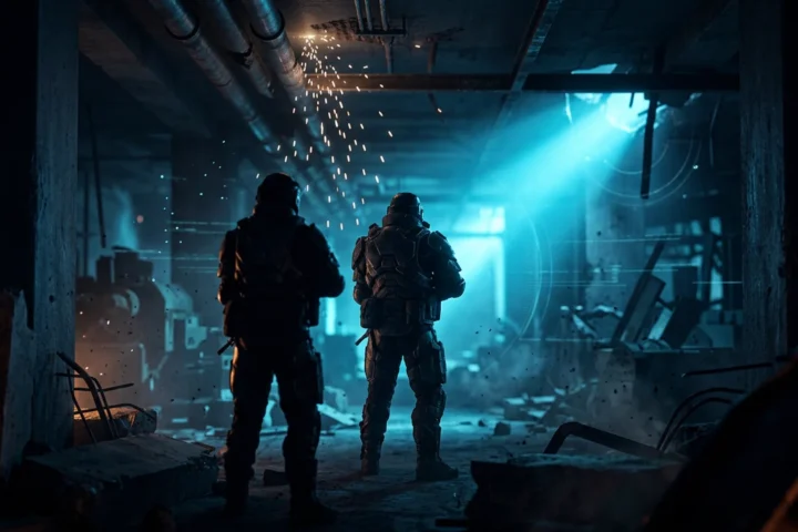 Heavily armored soldier in a dark industrial corridor with sparks and cyan light from the far end