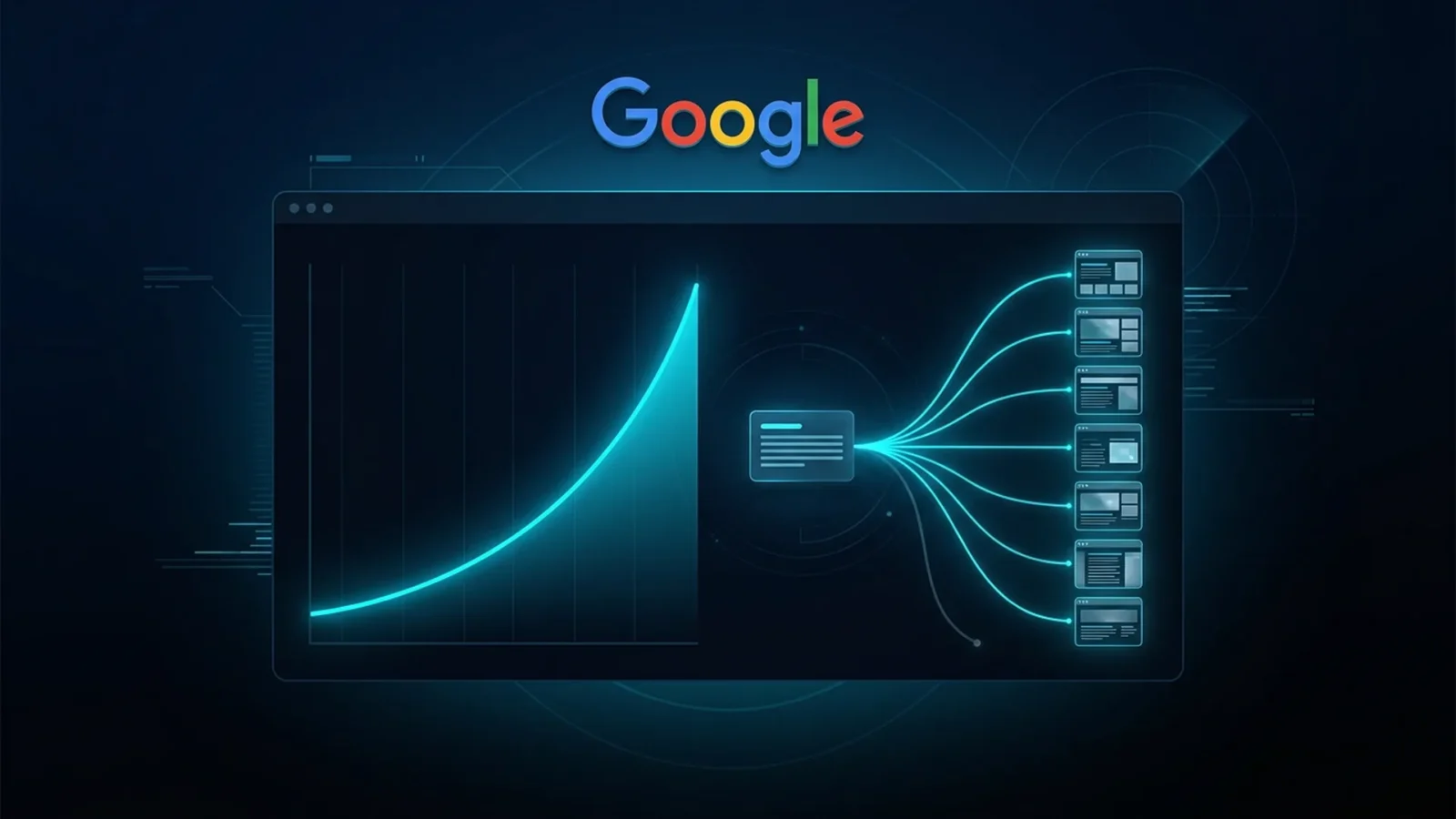 Painel de relatório no computador mostrando uma linha de ganhos em ciano ao lado de ícones de páginas web