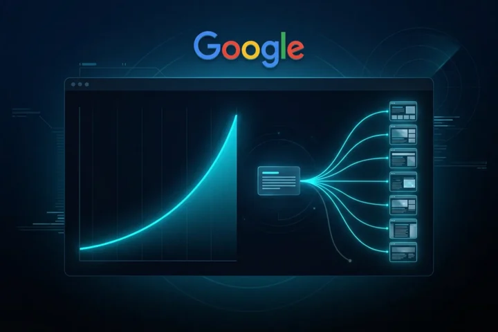 Painel de relatório no computador mostrando uma linha de ganhos em ciano ao lado de ícones de páginas web