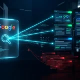 Google AI answer with external links highlighted in cyan and a rising traffic chart on a dark background