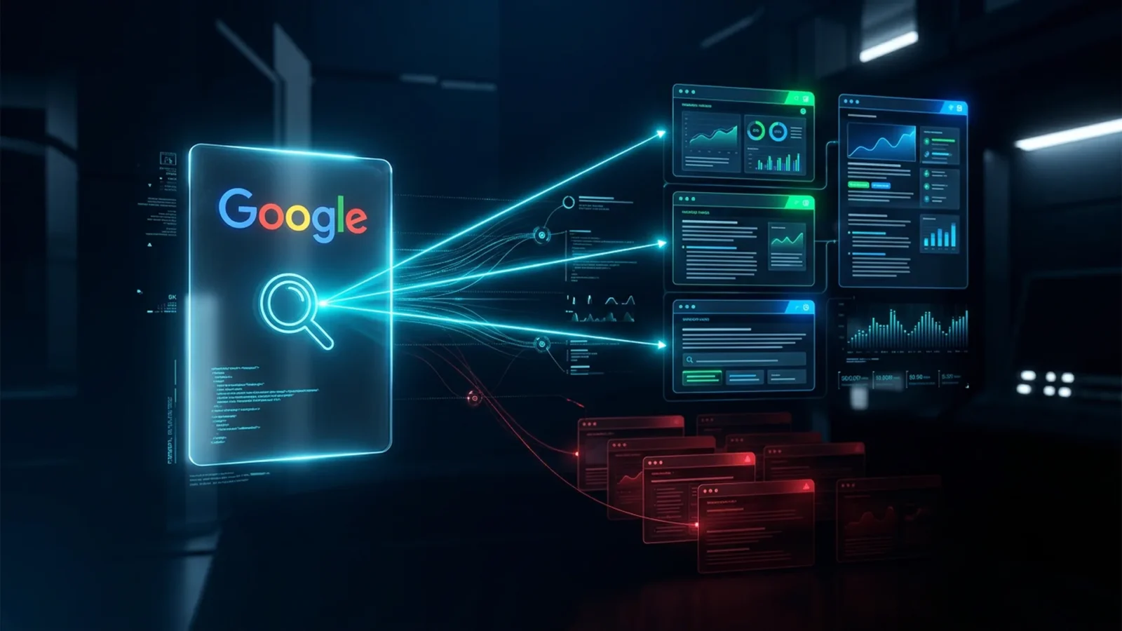 Resposta de IA no Google com links externos destacados em ciano e gráfico de tráfego subindo ao fundo escuro