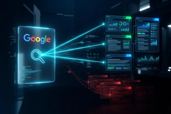 Resposta de IA no Google com links externos destacados em ciano e gráfico de tráfego subindo ao fundo escuro