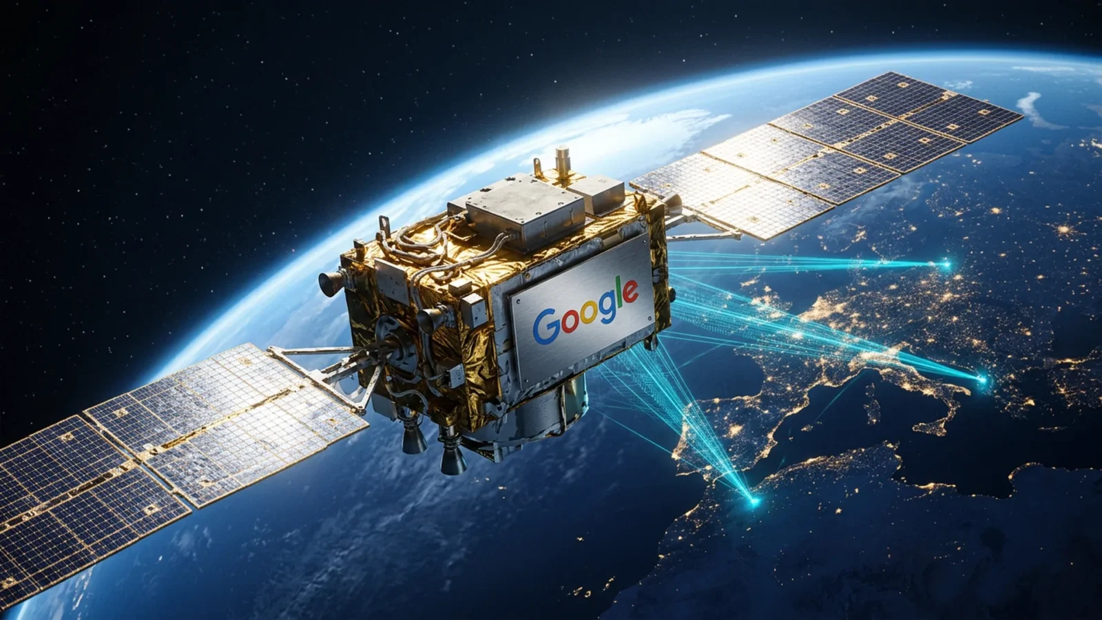 Satélite com painéis solares e chips TPU em órbita sobre a Terra, luz solar dourada e reflexos ciano
