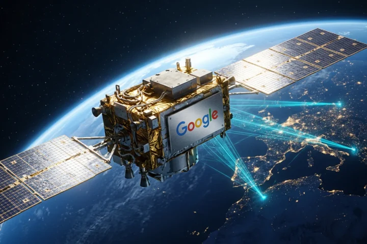 Satélite com painéis solares e chips TPU em órbita sobre a Terra, luz solar dourada e reflexos ciano