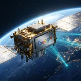 Satellite with solar panels and TPU chips orbiting Earth, golden sunlight and cyan reflections