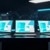 Thin laptop open on a dark desk showing a multi-window desktop with cyan light around it