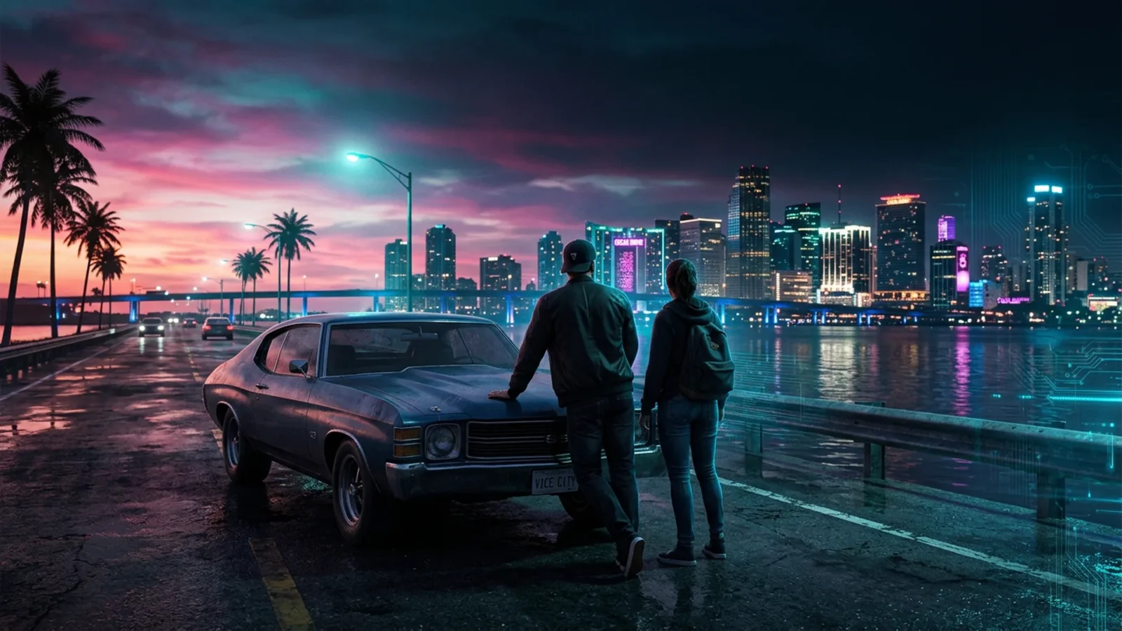 Couple seen from behind at dusk on a tropical beach with skyscrapers behind them and a pink and blue sky