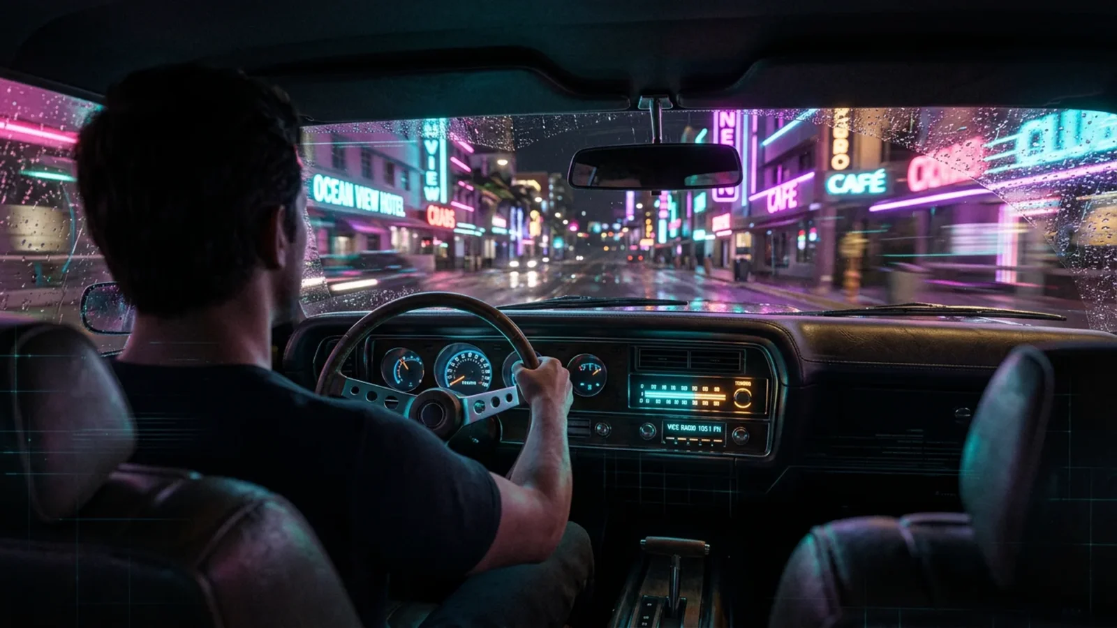 Classic car radio panel lit at night with a cyan-illuminated dial and blurred palm trees behind