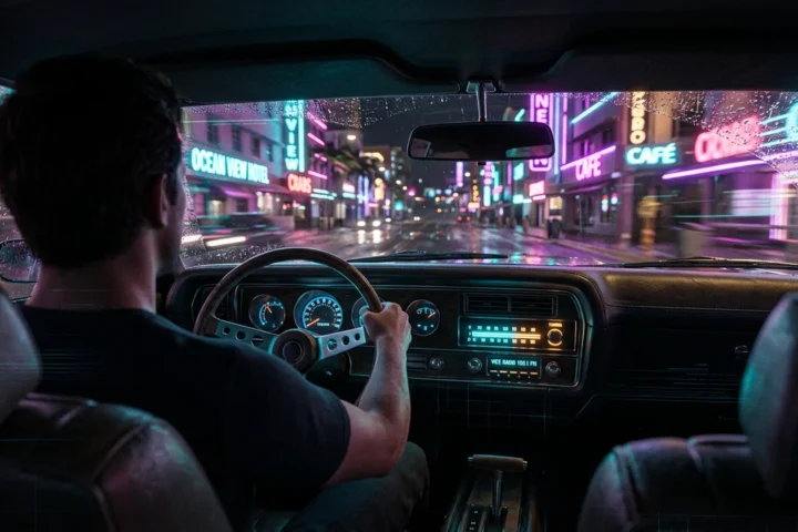 Classic car radio panel lit at night with a cyan-illuminated dial and blurred palm trees behind