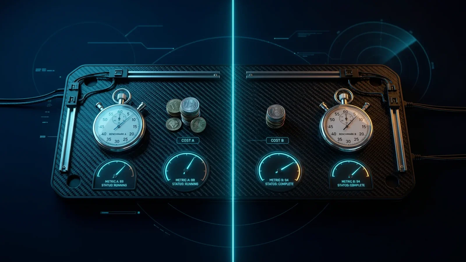 Test bench with two side-by-side panels comparing cost and performance metrics in cyan light