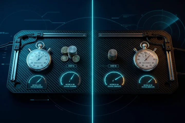 Test bench with two side-by-side panels comparing cost and performance metrics in cyan light