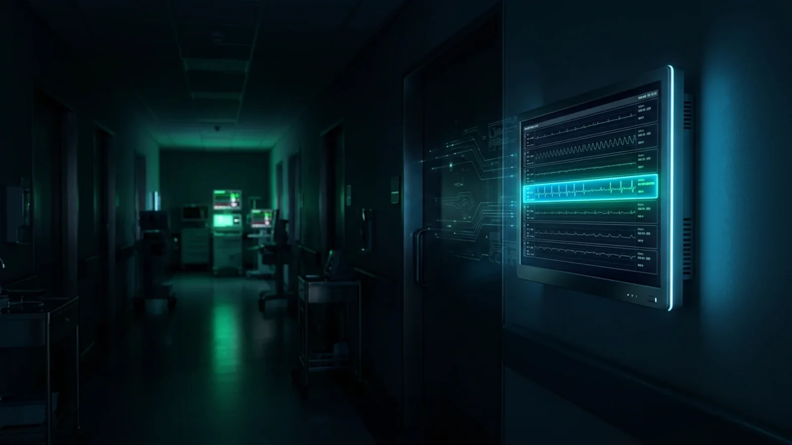 Monitor em corredor hospitalar escuro exibindo linhas de prontuário com um registro destacado em ciano