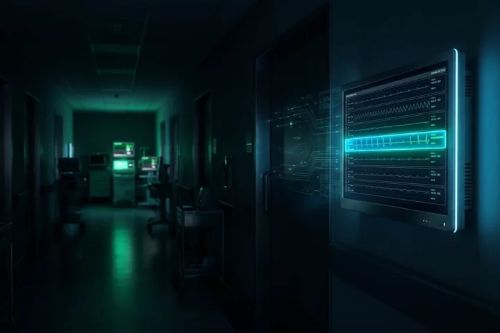 Monitor in a dark hospital corridor showing lines of patient records with one entry highlighted in cyan