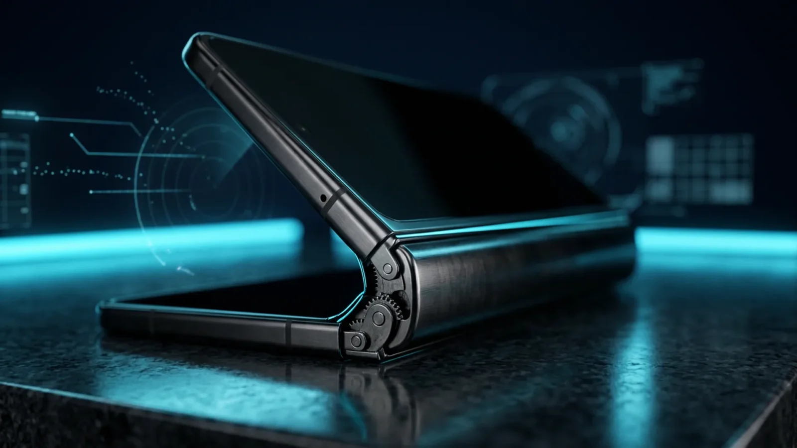Smartphone dobrável semiaberto sobre superfície escura refletindo luz ciano na dobradiça metálica