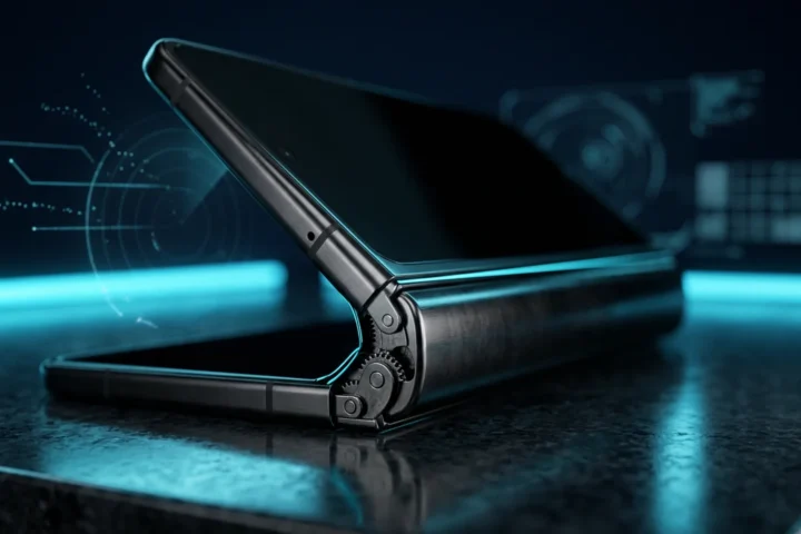Smartphone dobrável semiaberto sobre superfície escura refletindo luz ciano na dobradiça metálica
