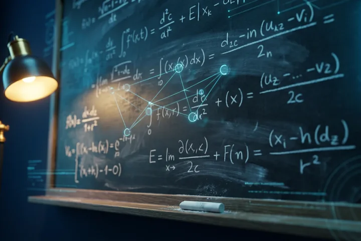 Blackboard covered in handwritten equations with cyan light lines overlaid forming a neural network