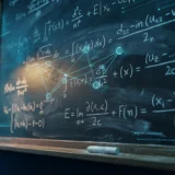 Quadro negro coberto de equações manuscritas com linhas de luz ciano sobrepostas formando uma rede neural