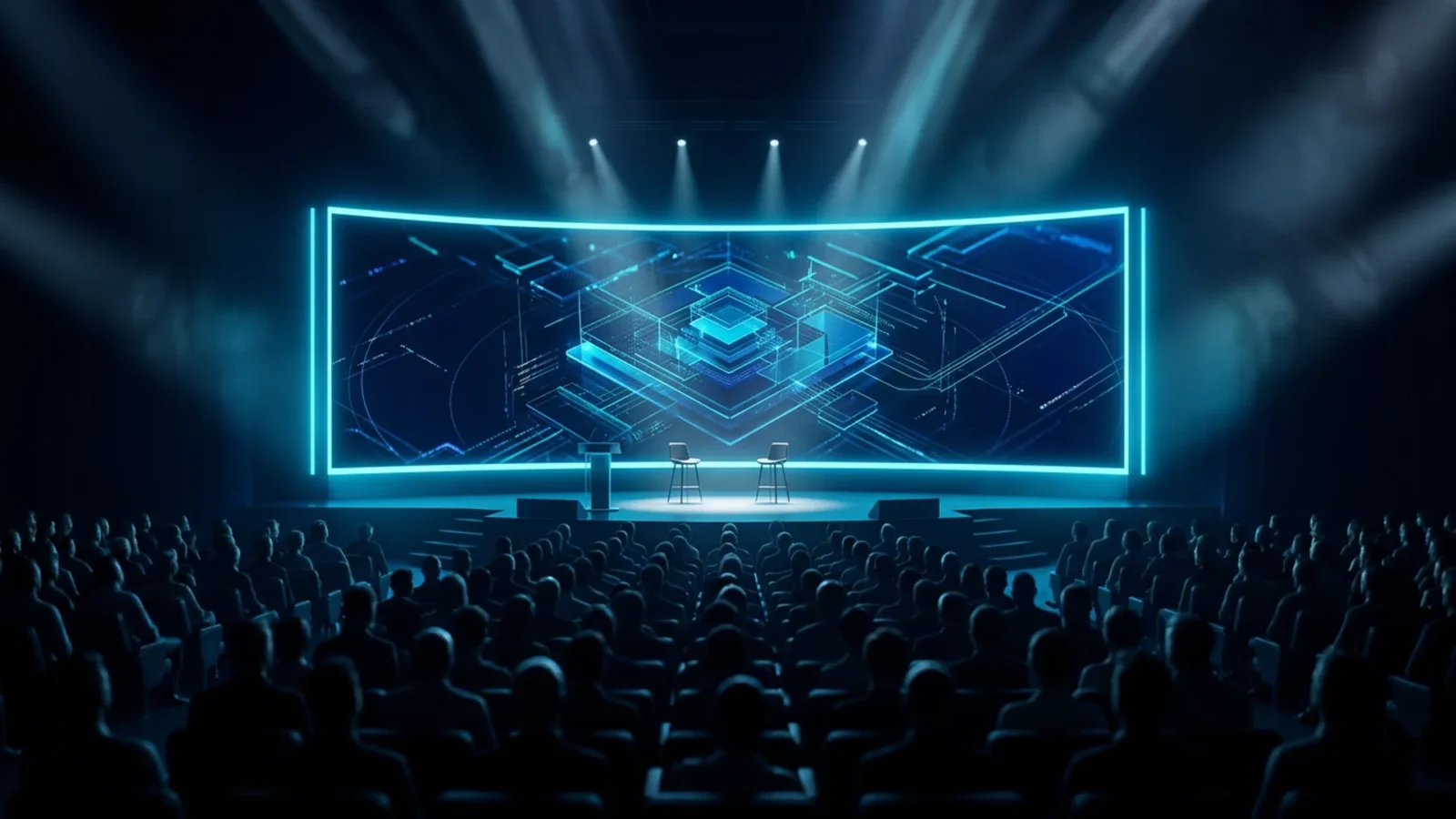 Palco escuro de evento corporativo com tela gigante exibindo diagrama de sistema em azul e ciano