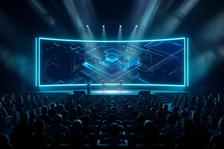 Palco escuro de evento corporativo com tela gigante exibindo diagrama de sistema em azul e ciano