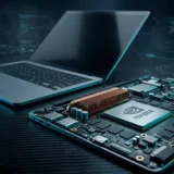 Open laptop on a dark bench with an exposed motherboard beside it showing the chip and heatsink in cyan light
