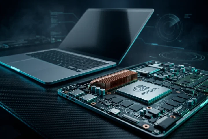 Open laptop on a dark bench with an exposed motherboard beside it showing the chip and heatsink in cyan light