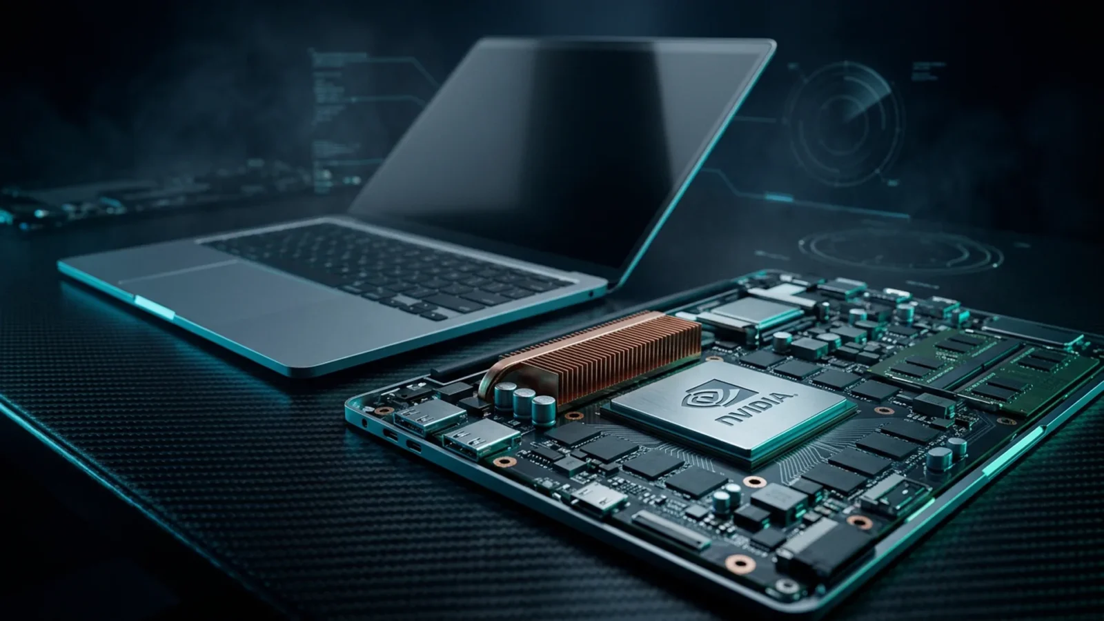 Notebook aberto sobre bancada escura com a placa-mãe exposta ao lado mostrando o chip e dissipador em luz ciano