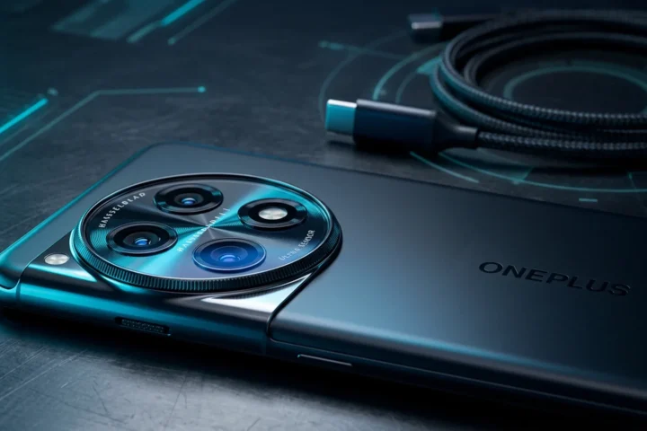 Smartphone de costas sobre superfície escura mostrando módulo de câmera circular com reflexo ciano nas lentes
