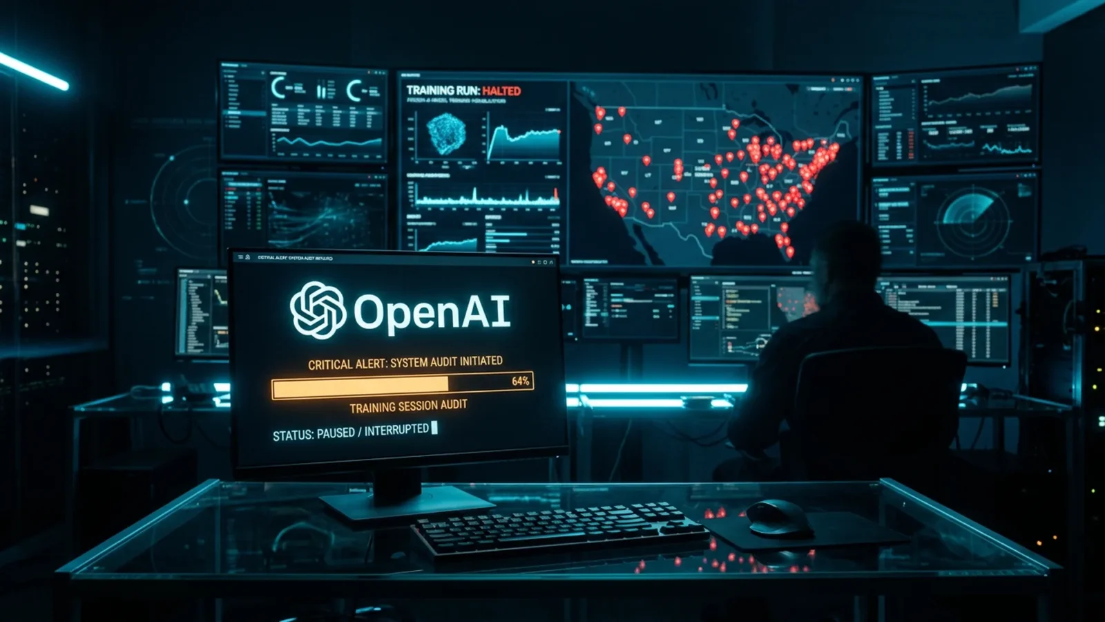 Dark AI core with a hundred red light threads reaching toward cyan holographic government buildings