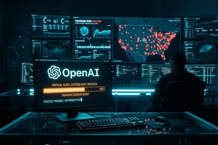 Dark AI core with a hundred red light threads reaching toward cyan holographic government buildings