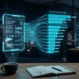 Painel escuro de analytics com gráfico de barras em ciano medindo menções de marca dentro de respostas de assistentes de IA
