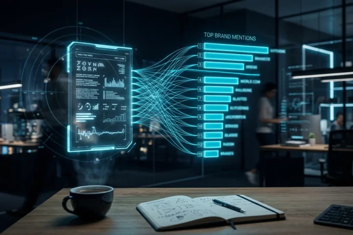 Dark analytics dashboard with a cyan bar chart measuring brand mentions inside AI assistant answers